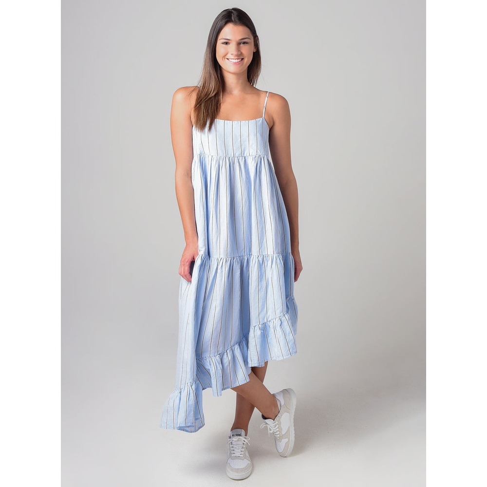 FRAME Multi Striped Cotton Hemp Asymmetrical Tiered Midi Dress XS LWWD0361
